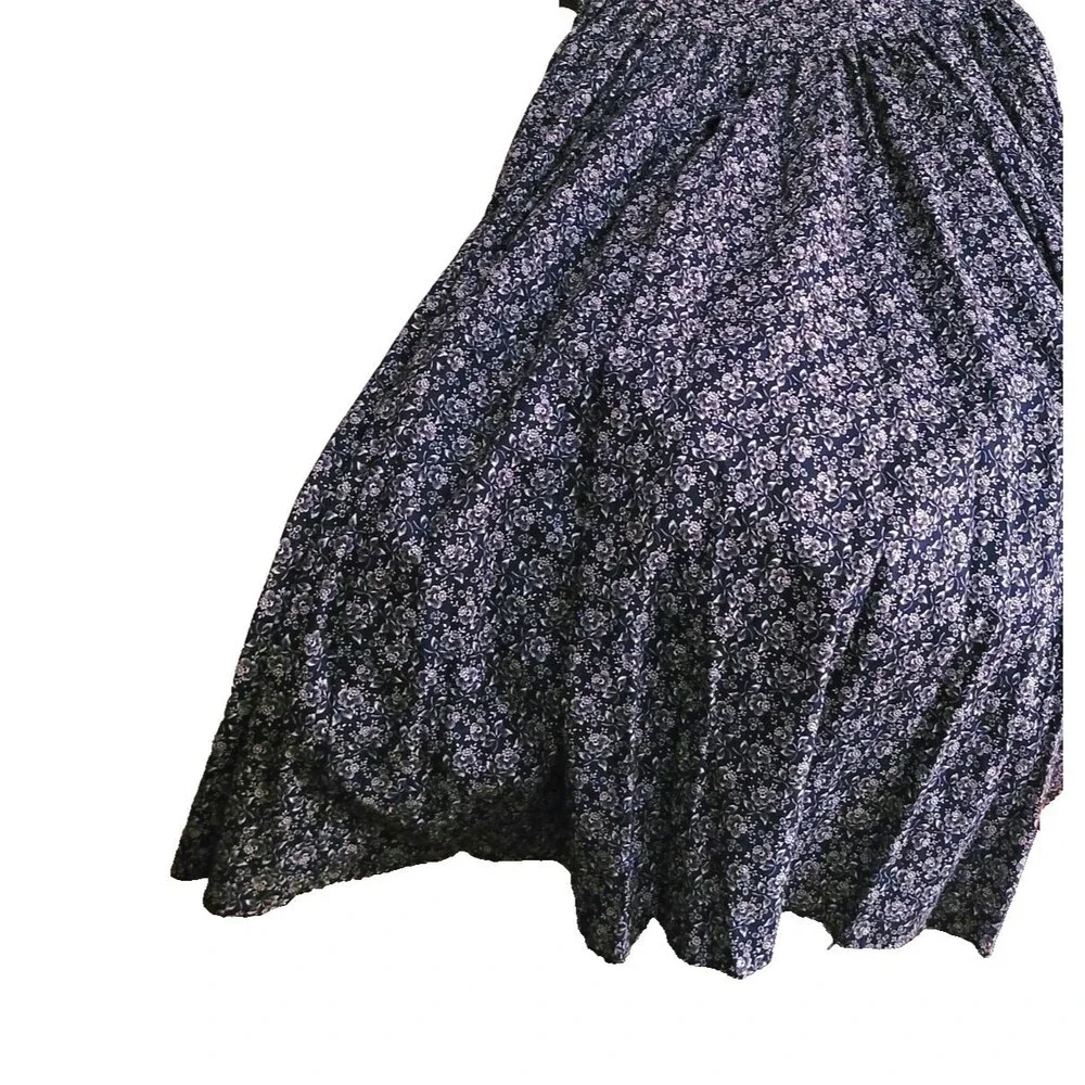 Vintage Blue Floral Calico Cottagecore Prairie Dress Lace Bib Collar sz M 11 USA - Picture 10 of 12